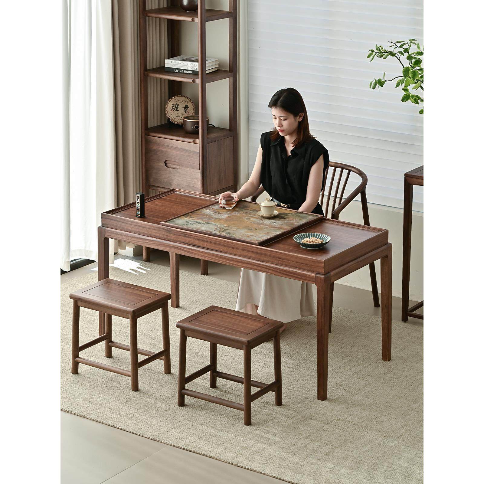 现代简约茶几和椅子组合黑胡桃实木禅宗咖啡桌长条茶室茶储茶几