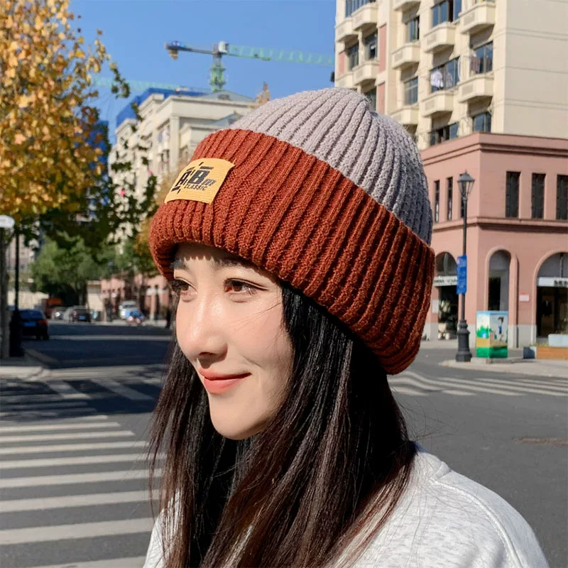 秋冬女双面保暖护耳粗线针织帽