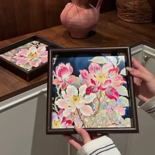 紫底牡丹木质平面玄关收纳托盘