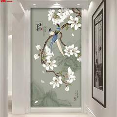 8D新中式手绘工笔花鸟玄关背景墙纸梅花屏风隔断门厅过道壁纸壁画