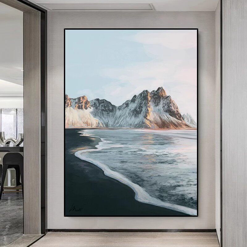黎明海岸手绘油画黑白抽象现代客厅玄关背景墙装饰画轻奢餐厅壁画
