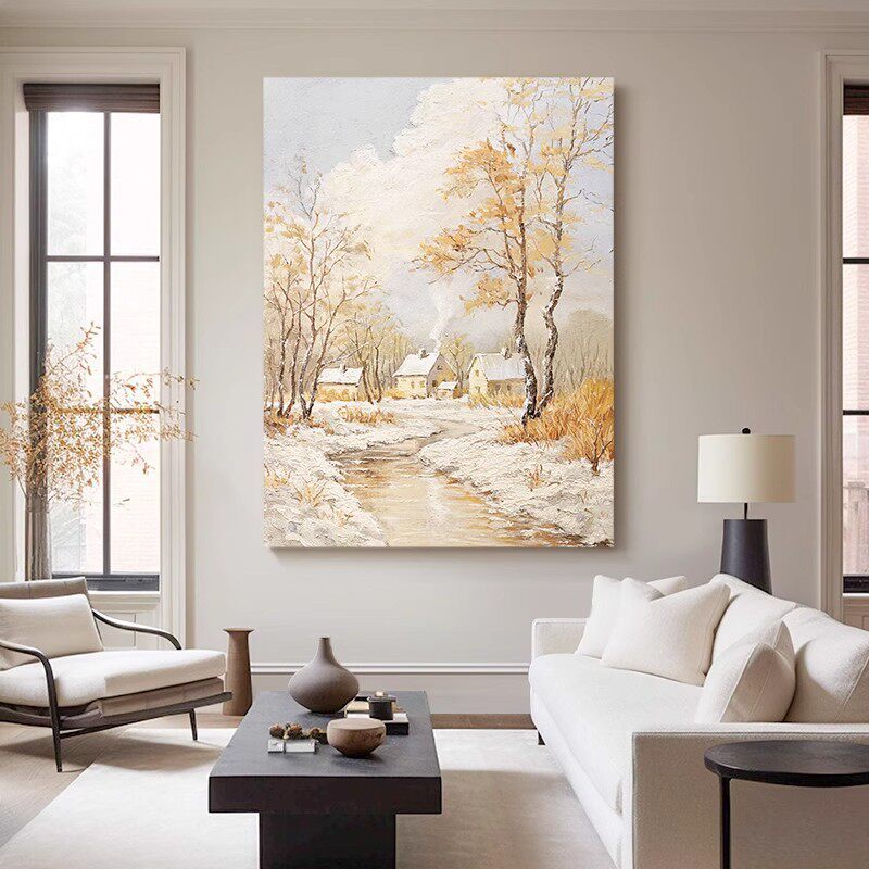 大芬村油画《暖阳初雪》高级感雪景奶油风客厅餐厅玄关背景墙挂画