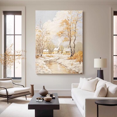 大芬村油画《暖阳初雪》高级感雪景奶油风客厅餐厅玄关背景墙挂画