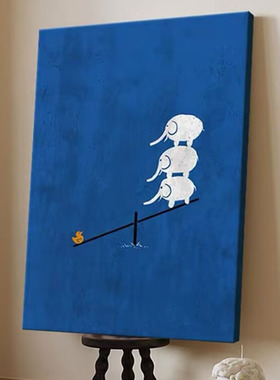 克莱因蓝色客厅玄关装饰画手绘油画小众创意三只小象儿童房挂画