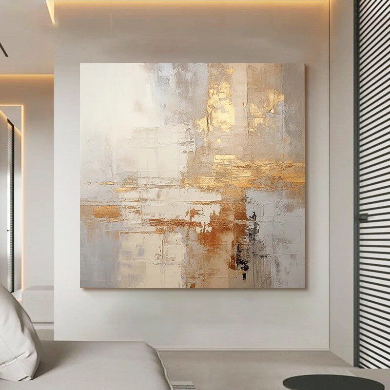 手绘油画《辉煌》轻奢方形餐厅挂画客厅玄关背景墙装饰画美式金箔