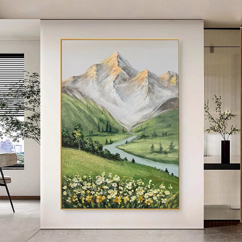 手绘油画雪山湖畔风景餐厅挂画客厅背景墙装饰画轻奢玄关肌理画