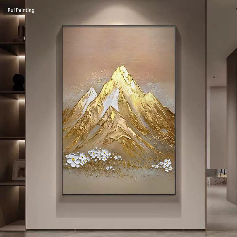 纯手绘日照金山大芬油画浮雕肌理金箔画新年玄关入户门走廊装饰画