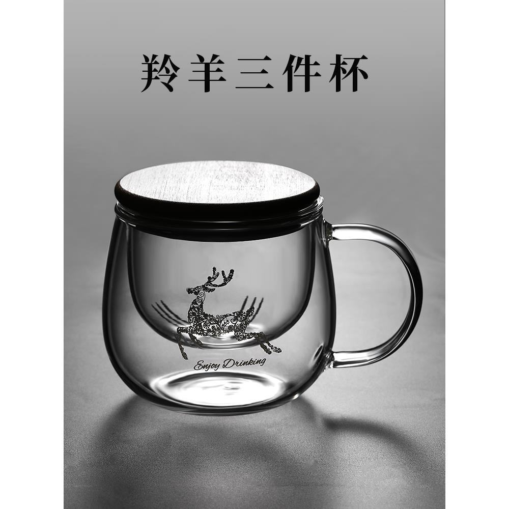 茶杯茶水分离耐热玻璃过滤花茶杯子带把带盖水杯子家用日式茶道杯
