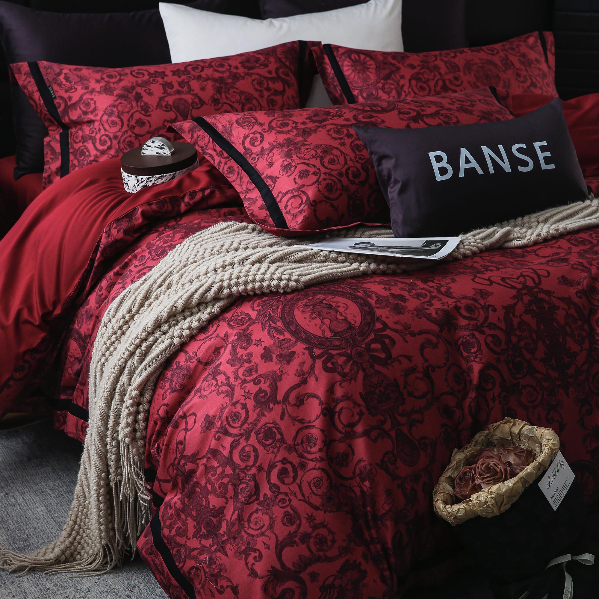 高端轻奢欧式印花全棉四件套100S匹马棉酒红色结婚庆被套床单床品