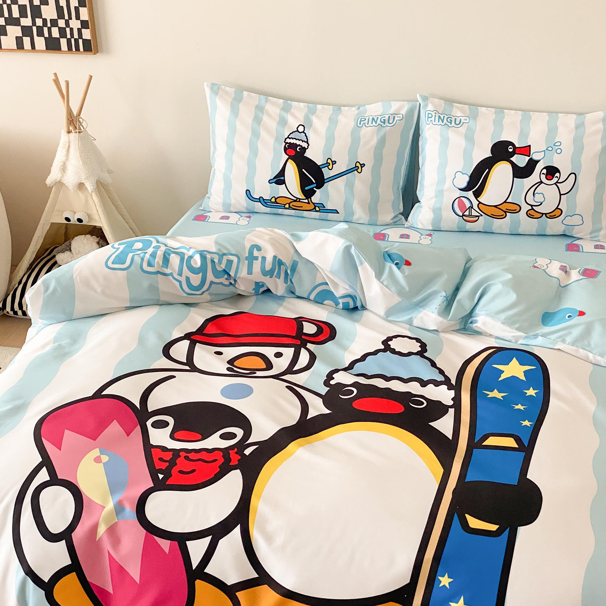 富山商店 x Pingu企鹅家族 可爱蓝色滑雪系列全棉床上四件套