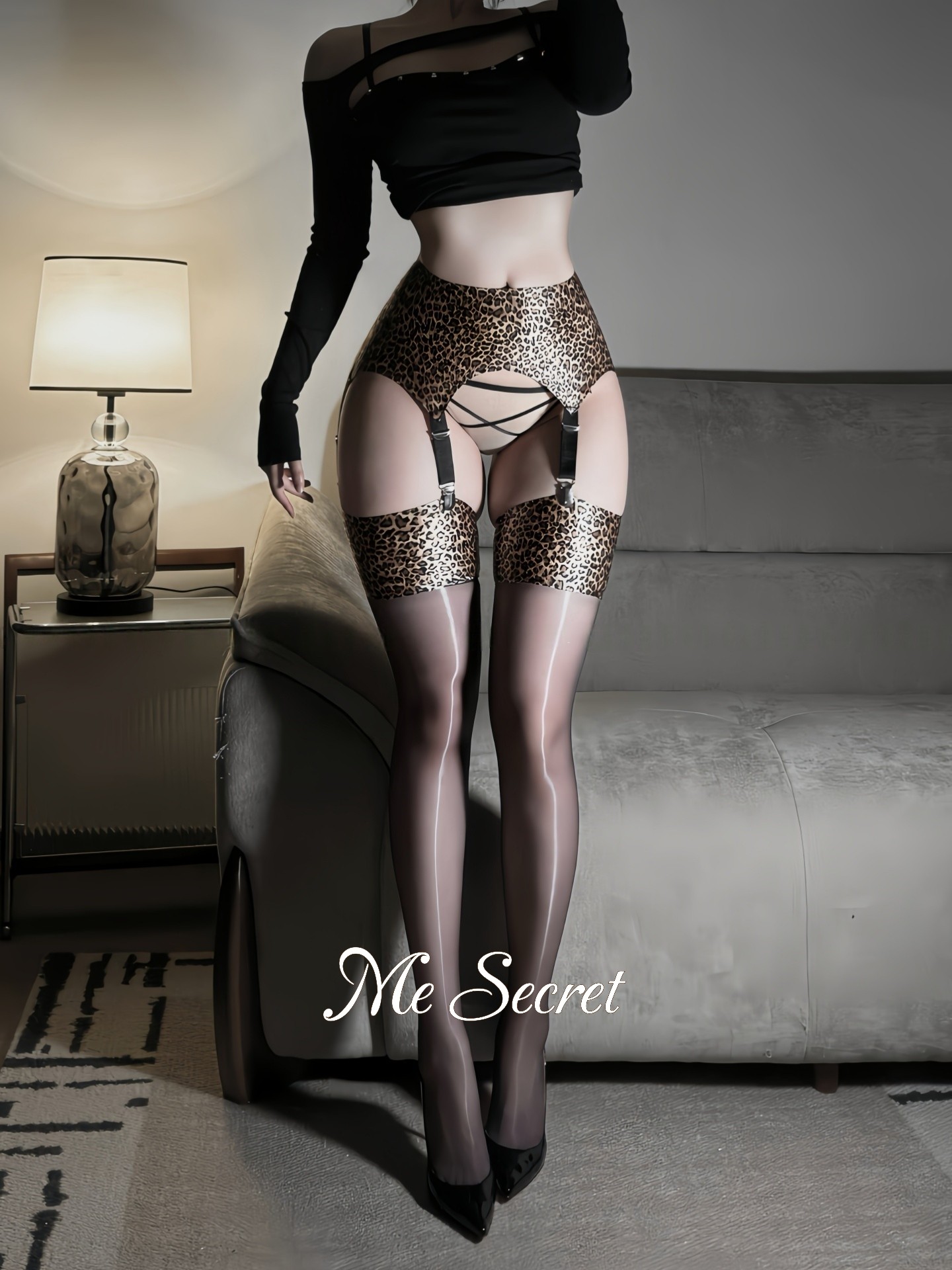 绫觅MeSecret「猎手」0D极光豹纹性感黑丝吊带丝袜超薄油亮长筒袜