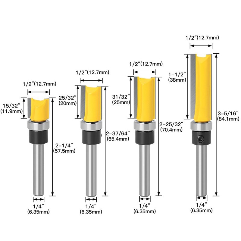 4PC1/4柄仿型直刀修边刀1/4*12.7*11.9 20 25 38MM黄色修边雕刻机