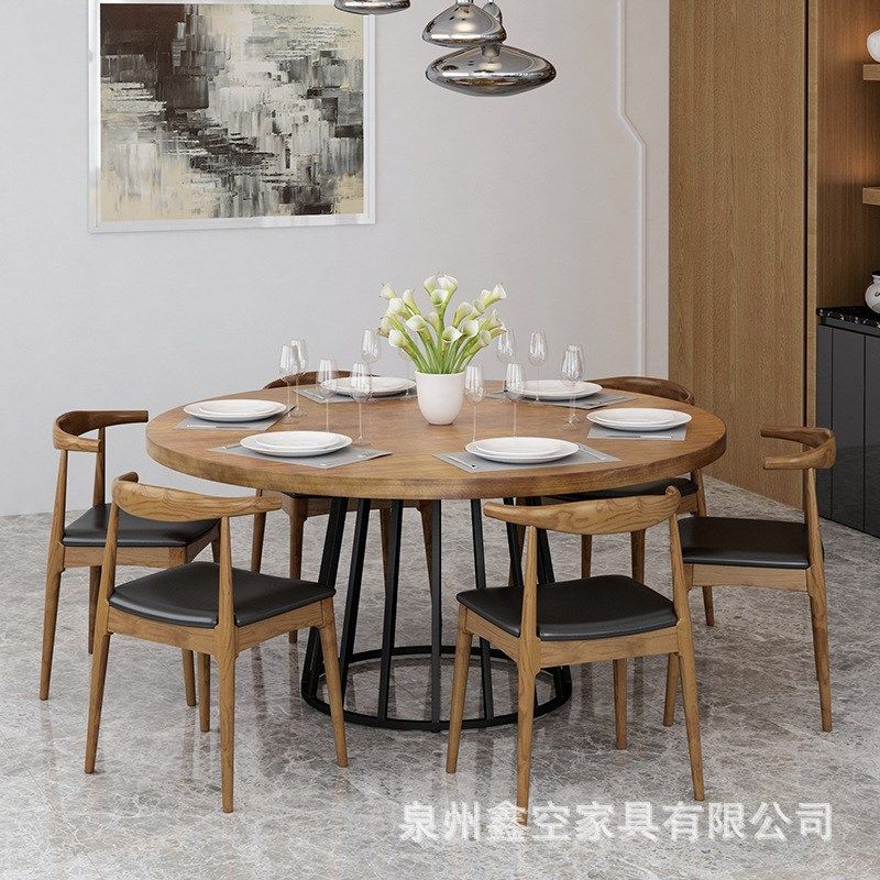 北欧家用接待圆形实木餐桌组合餐厅多人位实木圆桌子火锅店餐桌椅