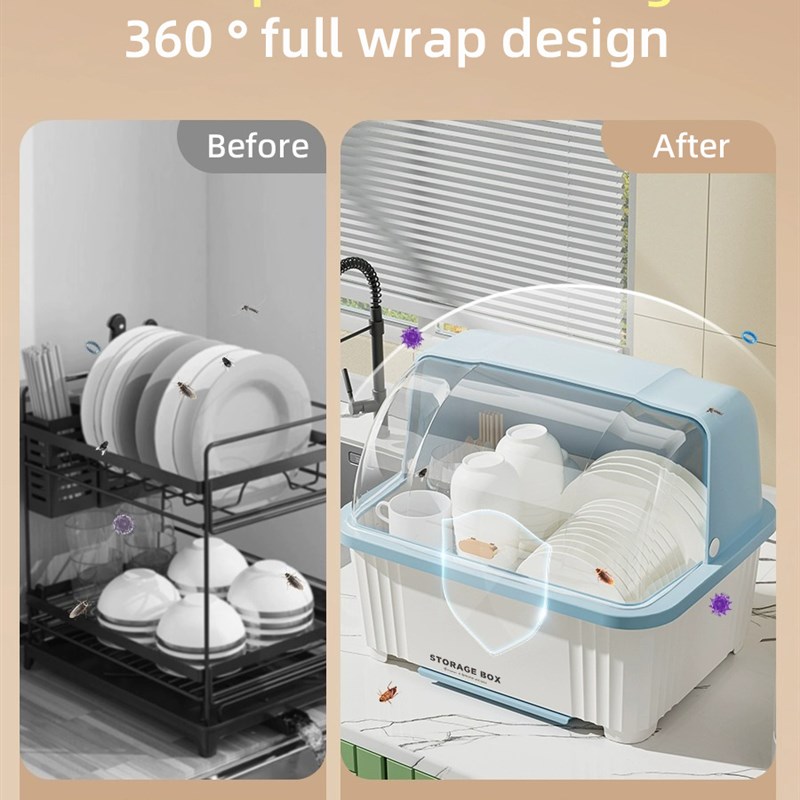 厨房沥水碗碟架碗筷收纳盒碗柜带盖装餐具碗盘箱放碗家用置物碗架