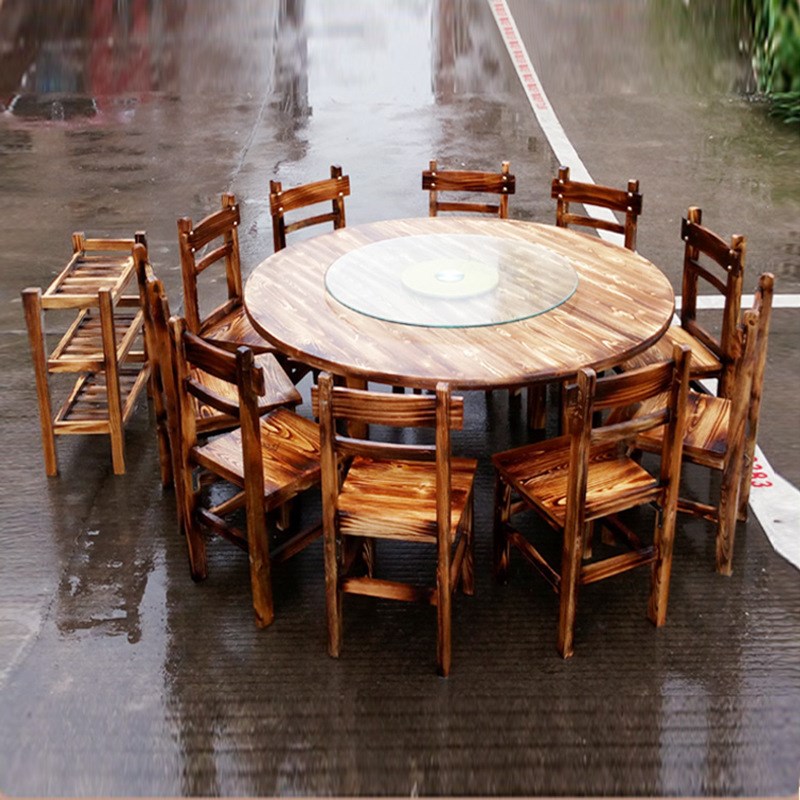 炭烧火锅桌农家乐饭店酒店实木餐桌椅组碳化合做旧大排档包边圆桌