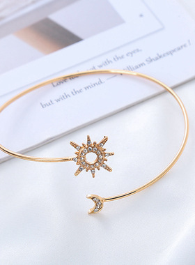 亚马逊手饰品时尚金属太阳月亮镶钻臂环可调节简约气质手镯女