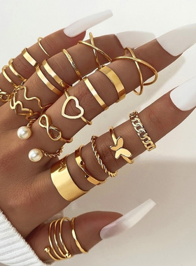 合金跨境蝴蝶戒指开口多关节戒指套装22件套爱心戒指女设计感小众