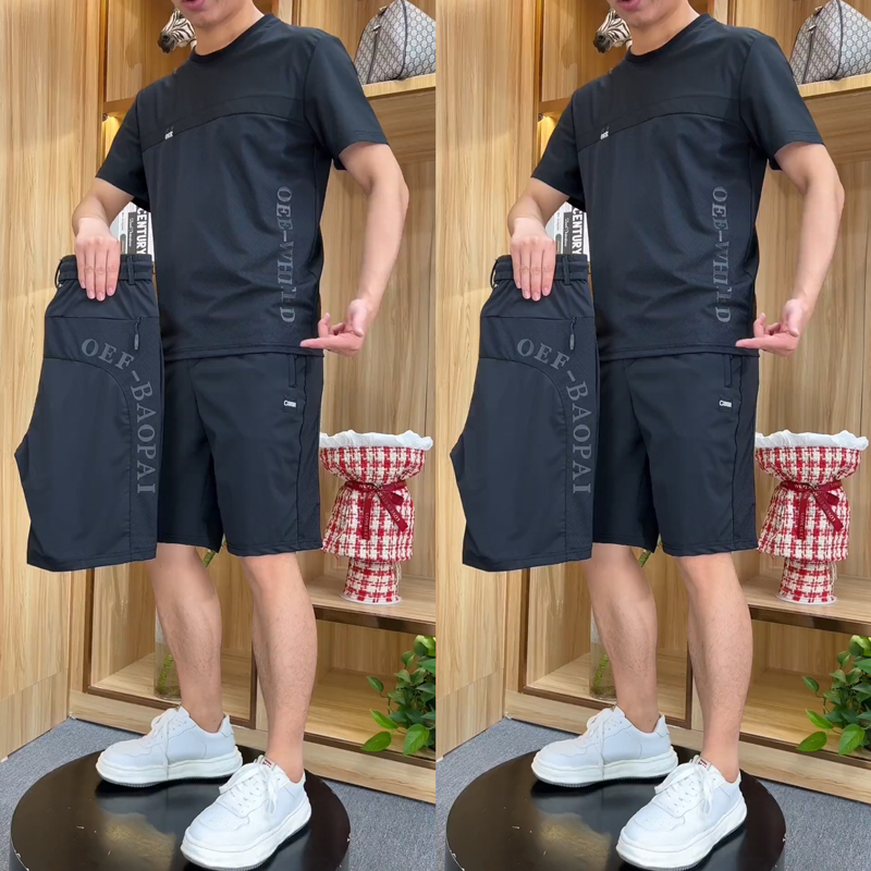 2025夏季新款时尚爆款速干透气套装男士五分裤短袖+短裤两件套ins
