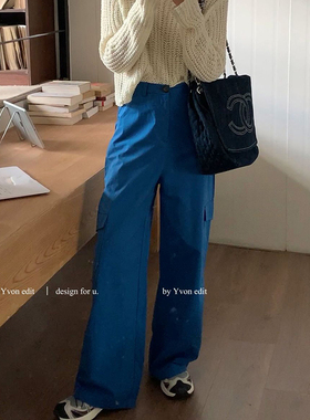 JINZE复古多口袋工装裤宽松显瘦高腰直筒休闲裤女设计感小众长裤