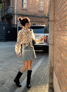 2023年秋季新款法式气质长袖波点衬衫女小个子领口绑带雪纺衫上衣