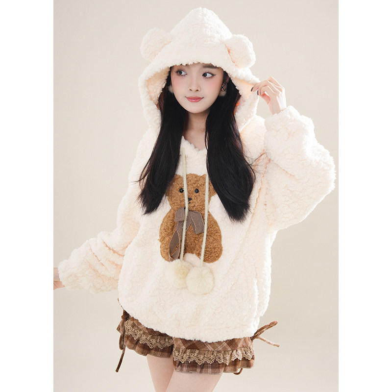 饼干小熊 冬装新款甜美风加厚连帽卫衣外套学院风蛋糕短裙两件套