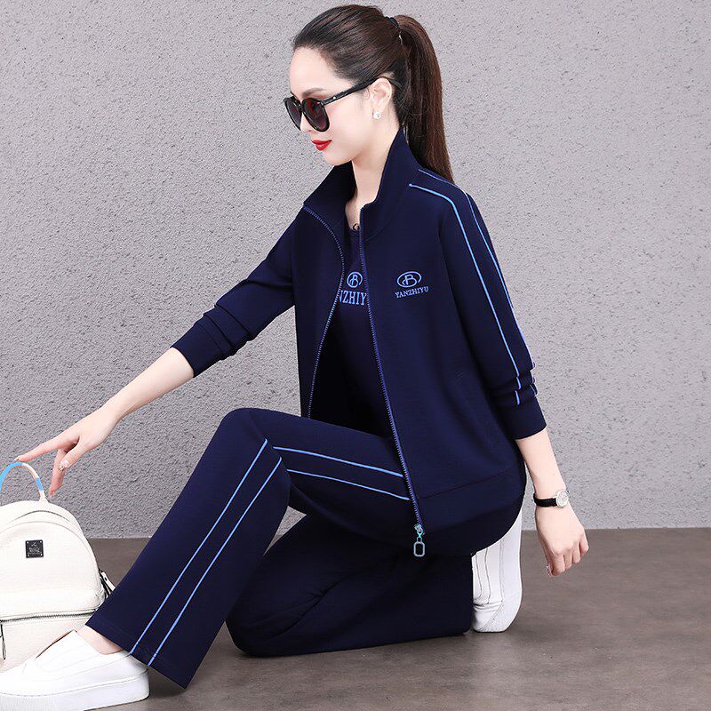 三件套休闲运动套装女士春秋新款时尚藏肉显瘦直筒裤拉链卫衣外套