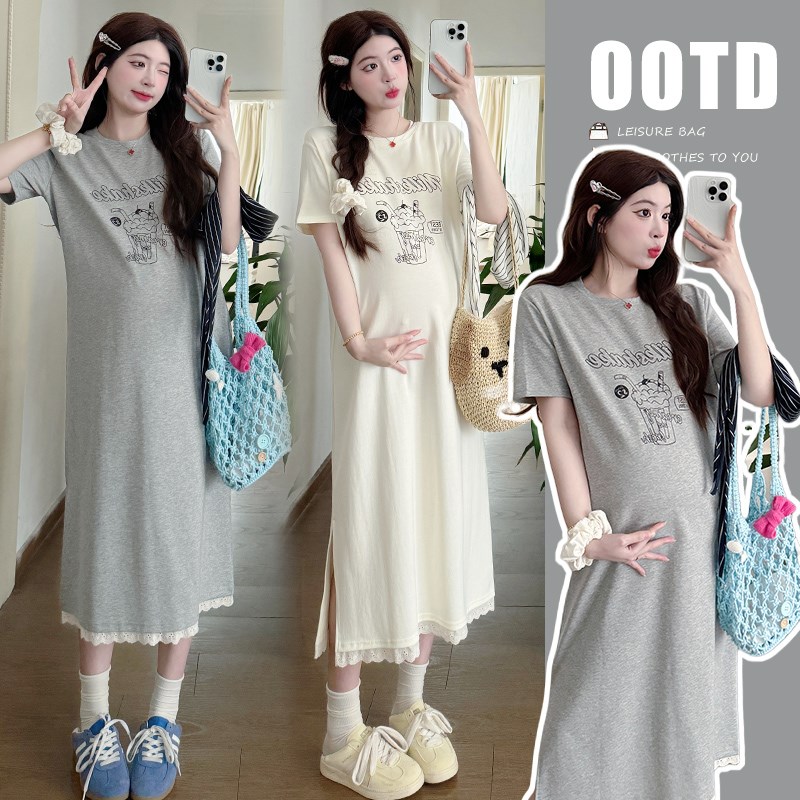 韩版气质纯棉短袖T恤2025夏季新款休闲宽松显瘦开叉蕾丝边连衣裙