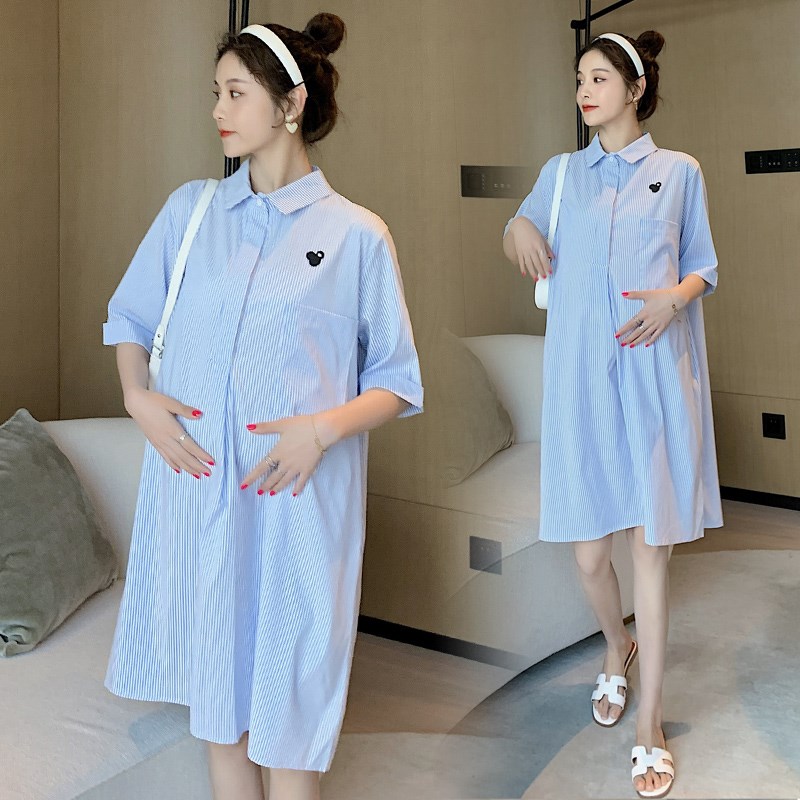 大码孕妇装连衣裙夏装时尚洋气宽松遮孕肚中长款衬衫裙潮妈200斤