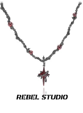 红色禁忌四芒星项链配饰高级感重工金属肌理暗黑辣妹锁骨链女颈链