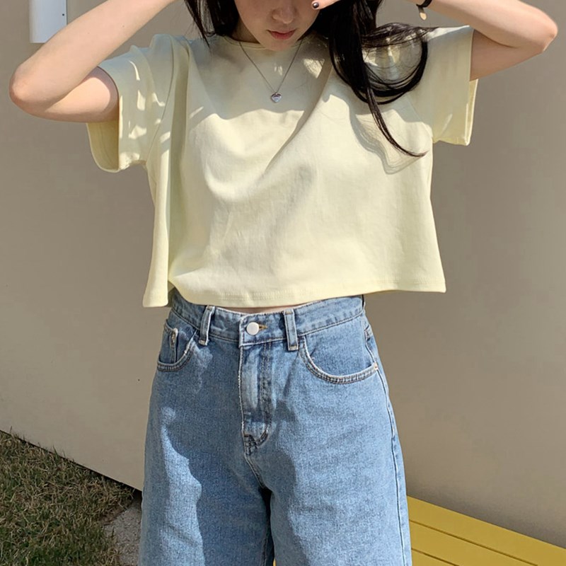 T239韩国女装新款2024简约宽松圆领夏季女短袖t恤短款露脐显瘦