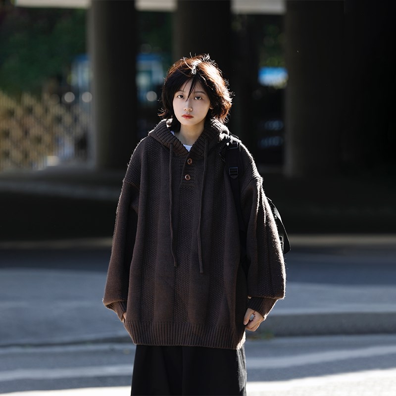 阿于呆日系秋冬纯色麻花保暖连帽毛衣男宽松慵懒针织上衣外套女潮