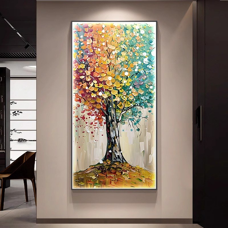 入户门正对墙挂画带灯玄关发财树装饰画大幅LED尽头走廊过道壁灯