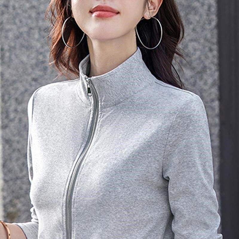 开衫拉链半高领纯棉长袖t恤女大码口袋妈妈装外套中老年运动卫衣