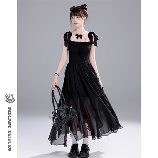 甜鱼少盐 黑色吊带连衣裙女夏季甜美小个子少女仙女裙荷叶边裙子