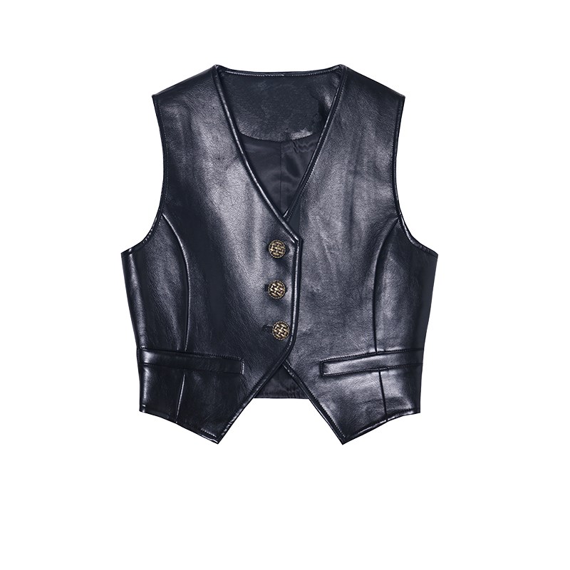 复古黑色PU皮马甲女2024年春秋新款韩版设计感内搭外穿V领小背心