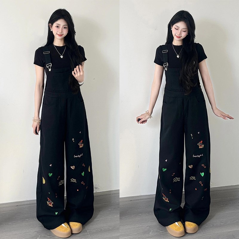 胖mm学院风减龄黑色牛仔背带裤女大码工装裤美式甜酷辣妹连体长裤