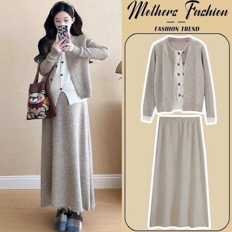 孕妇连衣裙套装2025新款设计感拼接气质秋冬针织开衫半身裙两件套