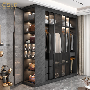 意式 极简推拉门大衣柜实木网红轻奢玻璃门一门到顶整体衣橱衣帽间