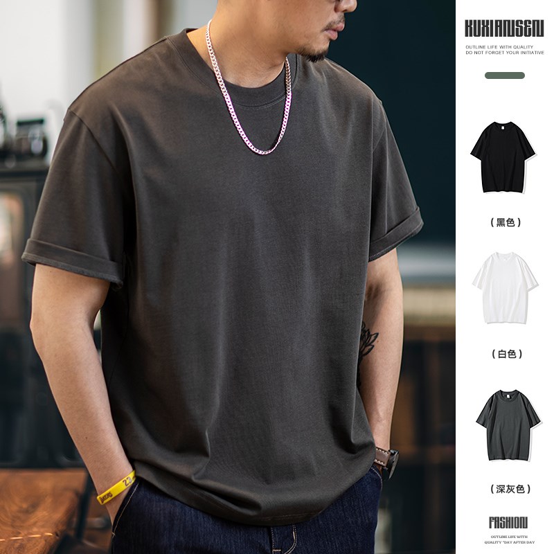 纯棉短袖t恤男夏季2025新款美式微宽松圆领半袖纯色百搭打底衫男
