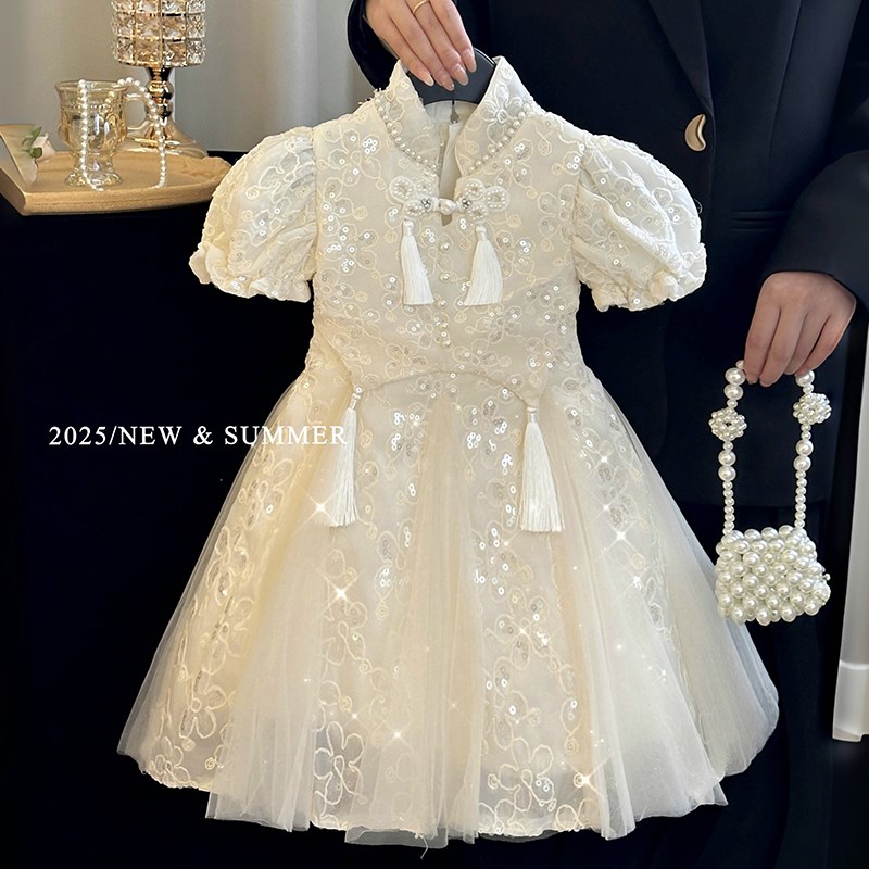 女童汉服连衣裙夏装2025新款新中式儿童女孩旗袍泡泡袖网纱公主裙