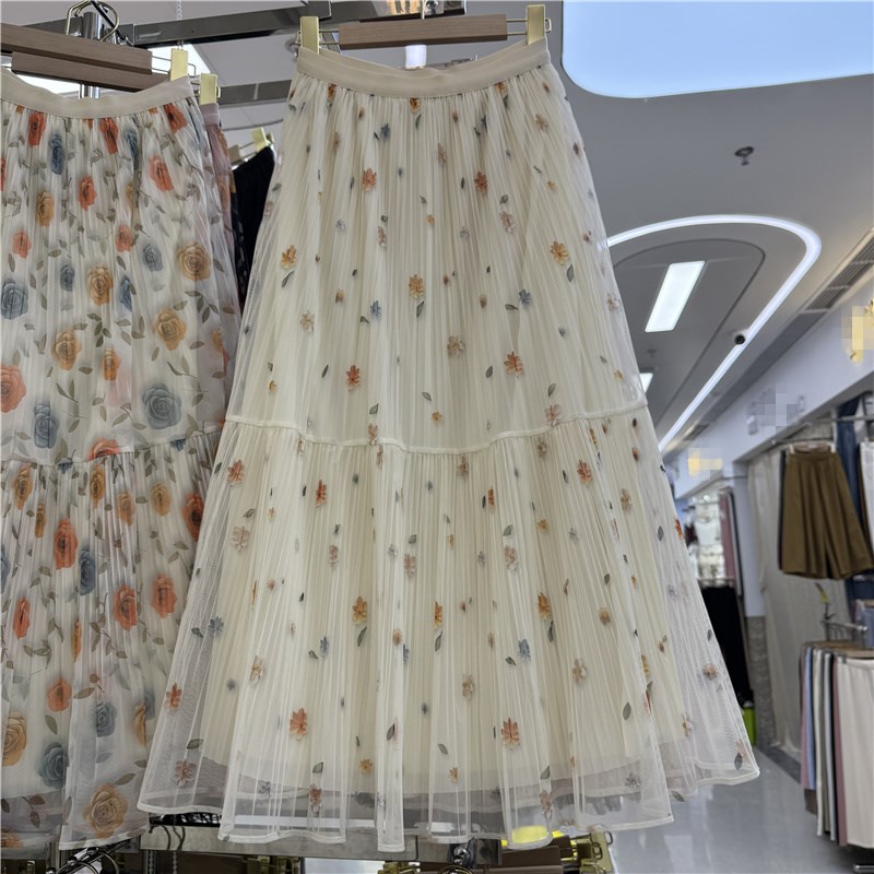 网纱碎花半身裙女夏季新款高腰显瘦a字大摆印花百褶仙女裙子纱裙