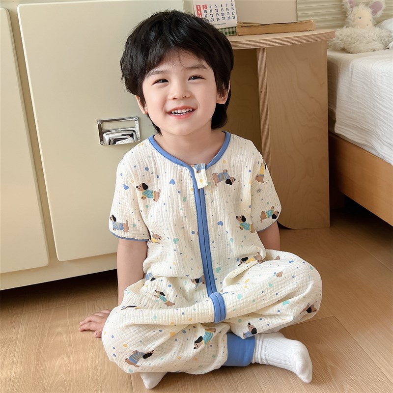 纯棉纱布儿童连体睡衣夏季薄款宝宝防着凉睡袋男童柔软A类家居服