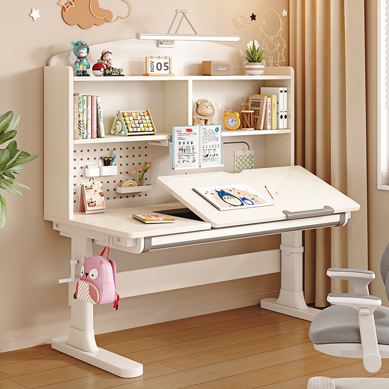 实木书桌书架一体学生写字桌家用卧室可升降电脑桌倾斜儿童学习桌