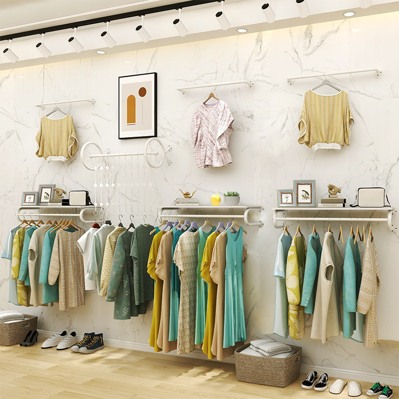 服装店金色展示架上墙组合货架男装壁挂童装铁艺挂衣杆女装店侧挂