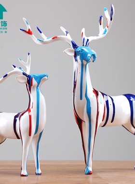 创意泼彩艺术招财鹿一对摆件轻奢客厅玄关电视柜酒柜家居装饰品