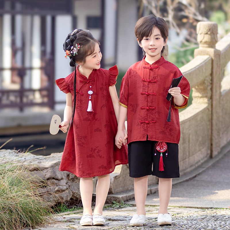六一女童旗袍夏季裙2025新款周岁礼服连衣裙红色中式儿童演出服女