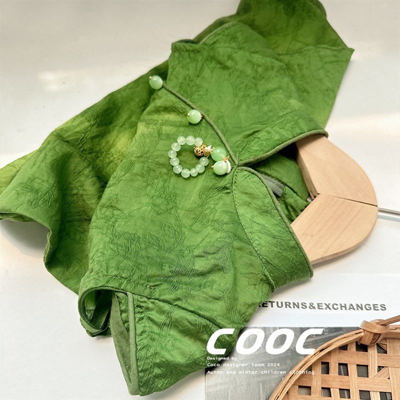 新中式改良旗袍25年新款女童旗袍复古民国风绿色连衣裙小女孩夏季