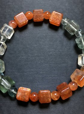 天然阿鲁沙方块手链女彩色坦桑尼亚金太阳长石单圈手串日光石饰品