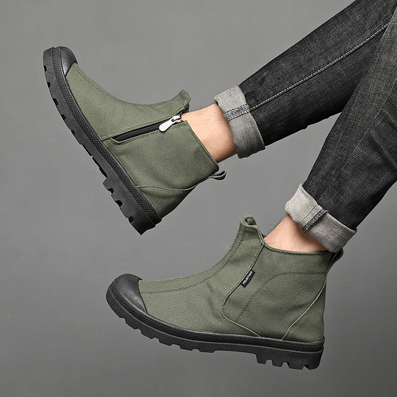 马丁靴男高筒帆布鞋侧拉炼户外工装靴子套筒防沙劳保鞋防滑登山鞋