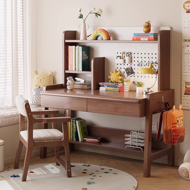 实木儿童学习桌家用带洞洞板书桌书架一体卧室学生写字桌子电脑桌